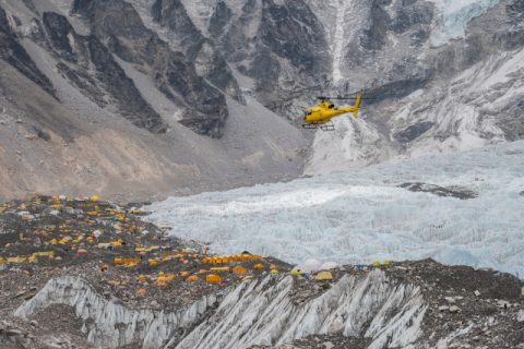 Helicopter flying above Everest Base Camp and Khumbu Glacier, Nepal, Day Luxury Ebc Heli Trek
