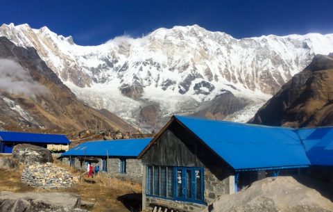 Tea Houses With Annapurna In Background, Annapurna Base Camp 7 Days