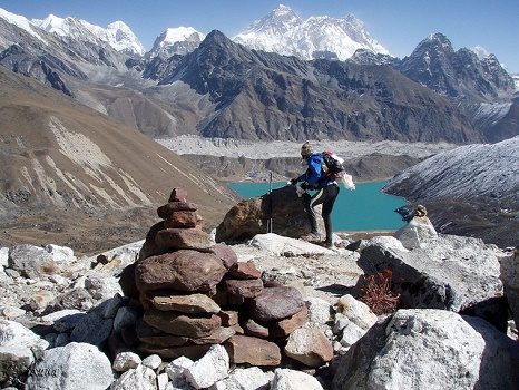 Hiker Along Dudh Pokhari lake - Gokyo - Nepal Himalayas, Dudh Pokhari