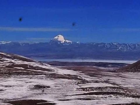 the aerial view of Mt. Kailash and Mansarovar lake near the landing Zone at Lapchi, Kailash Mansarovar Special Darshan - By Helicopter