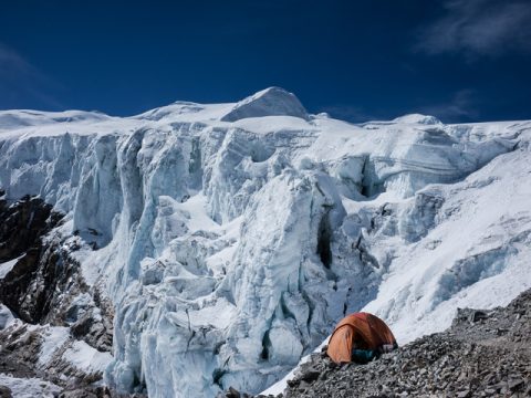 Camping at Mera peak high camp with Mera peak in background, Mera Peak 17 Days