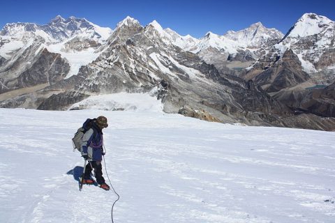 Climber Near the Summit of Mera with Everest and Makalu in the Distance, Mera Peak 17 Days