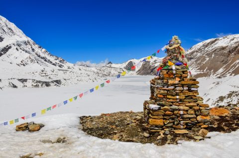 Frozen Lake & Stone Stupa In Himalayas, Mount Everest