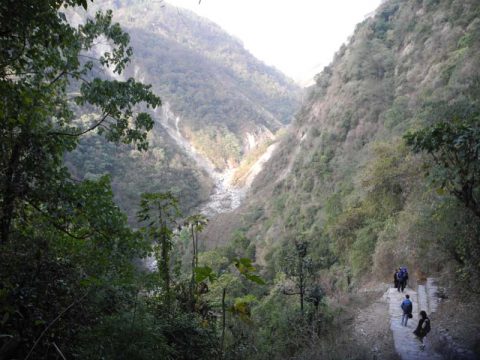 Hikers Crossing Tibuje Khola, Trail Chhomrong to Nayapul