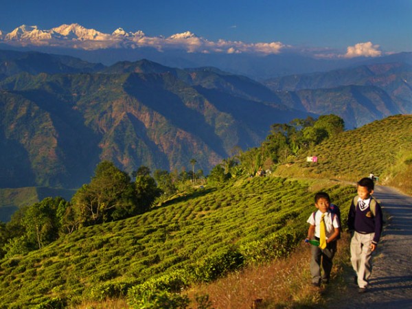 Kids in Darjeeling with Kangchenjunga in distance