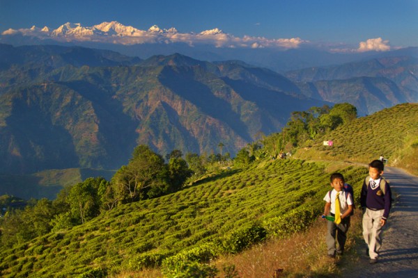 Kids in Darjeeling with Kangchenjunga in distance