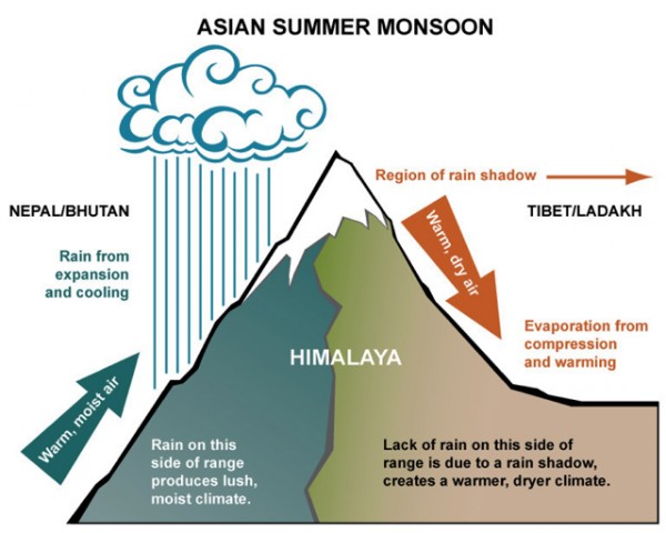 A generalized cross section of the Himalayas showing Monsoon Action