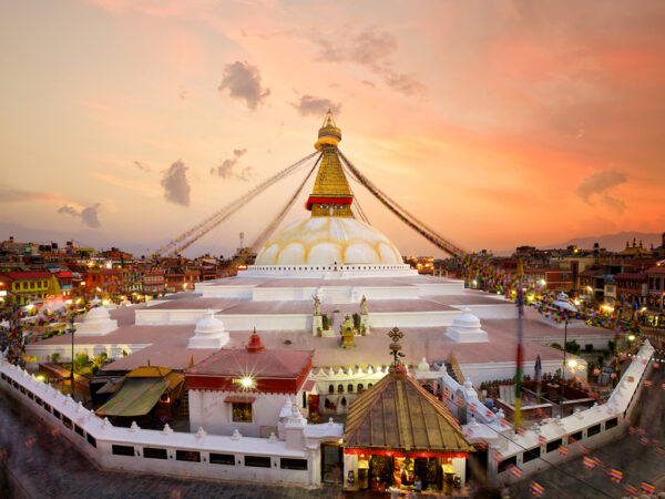 Boudhanath Stupa at sunset in Kathmandu, Nepal