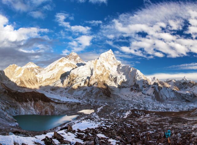 Mount Everest sunset panorama with golden evening light over the Himalayan peaks