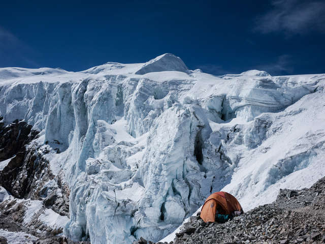 Camping at Mera Peak high camp with the peak in the background