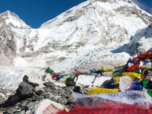 Prayer flags and the Khumbu Glacier at Everest Base Camp