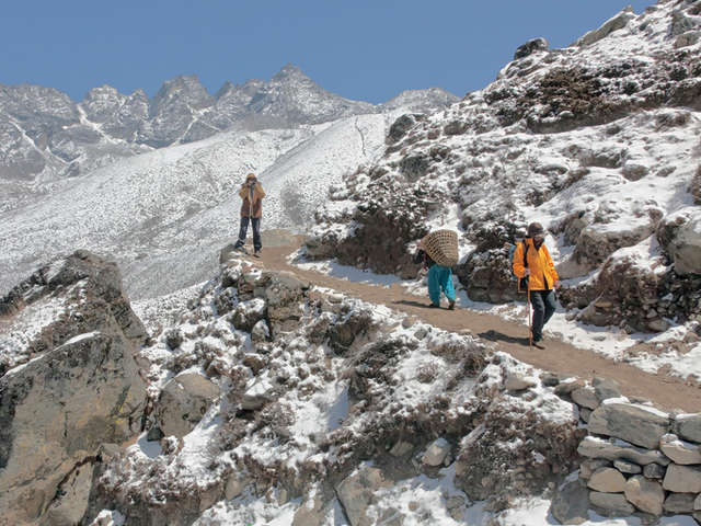 Trekkers climbing near Lobuche