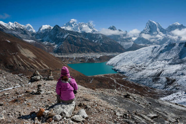 Mount Everest and Gokyo Lake seen from Renjo La pass in Nepal