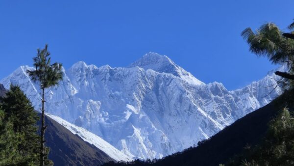 Snow-covered Mount Everest and Himalayan peaks under a clear blue sky in Nepa