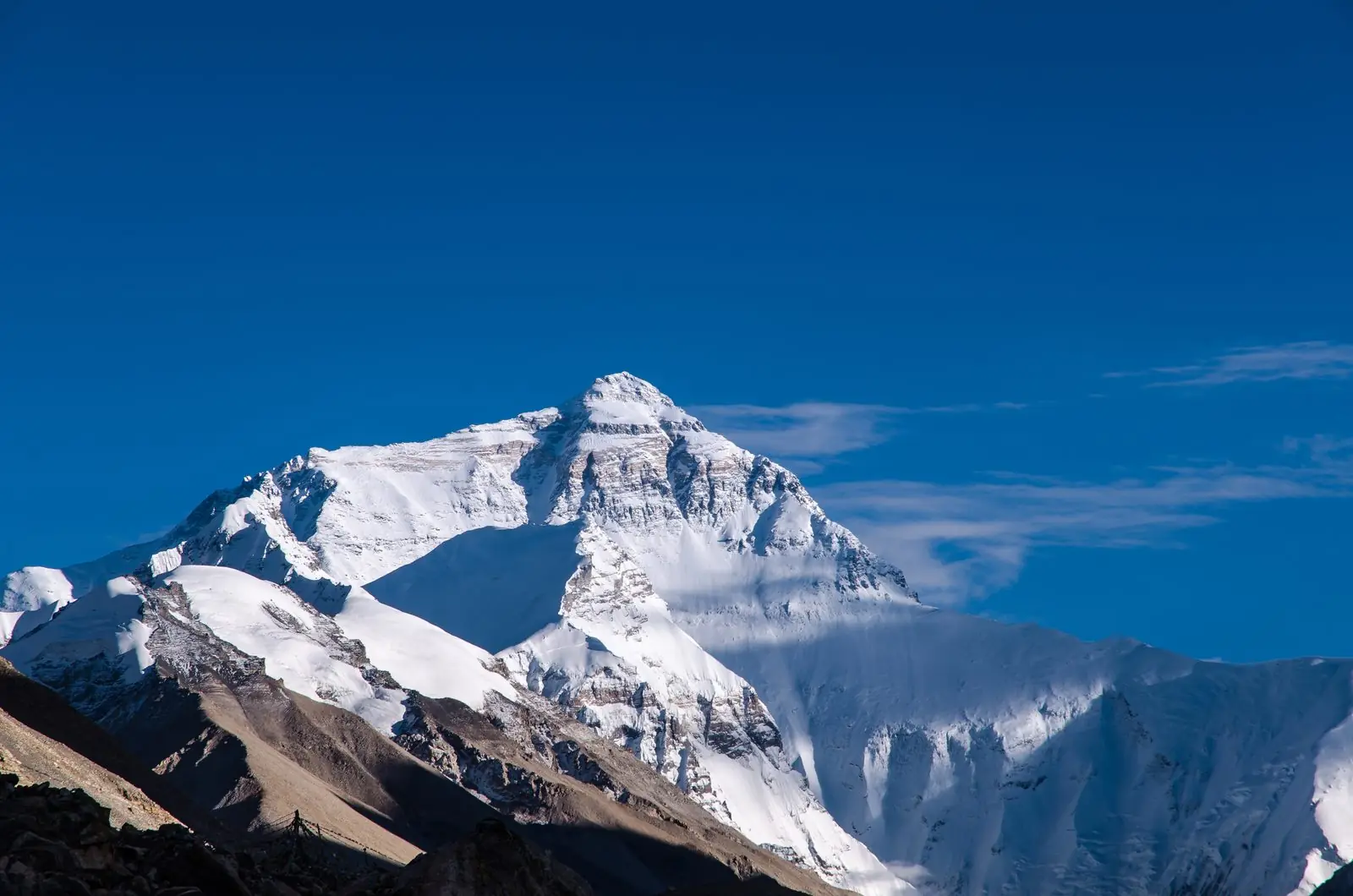 Mount Everest, 8,848 m, the highest mountain in Nepal, under a deep blue sky