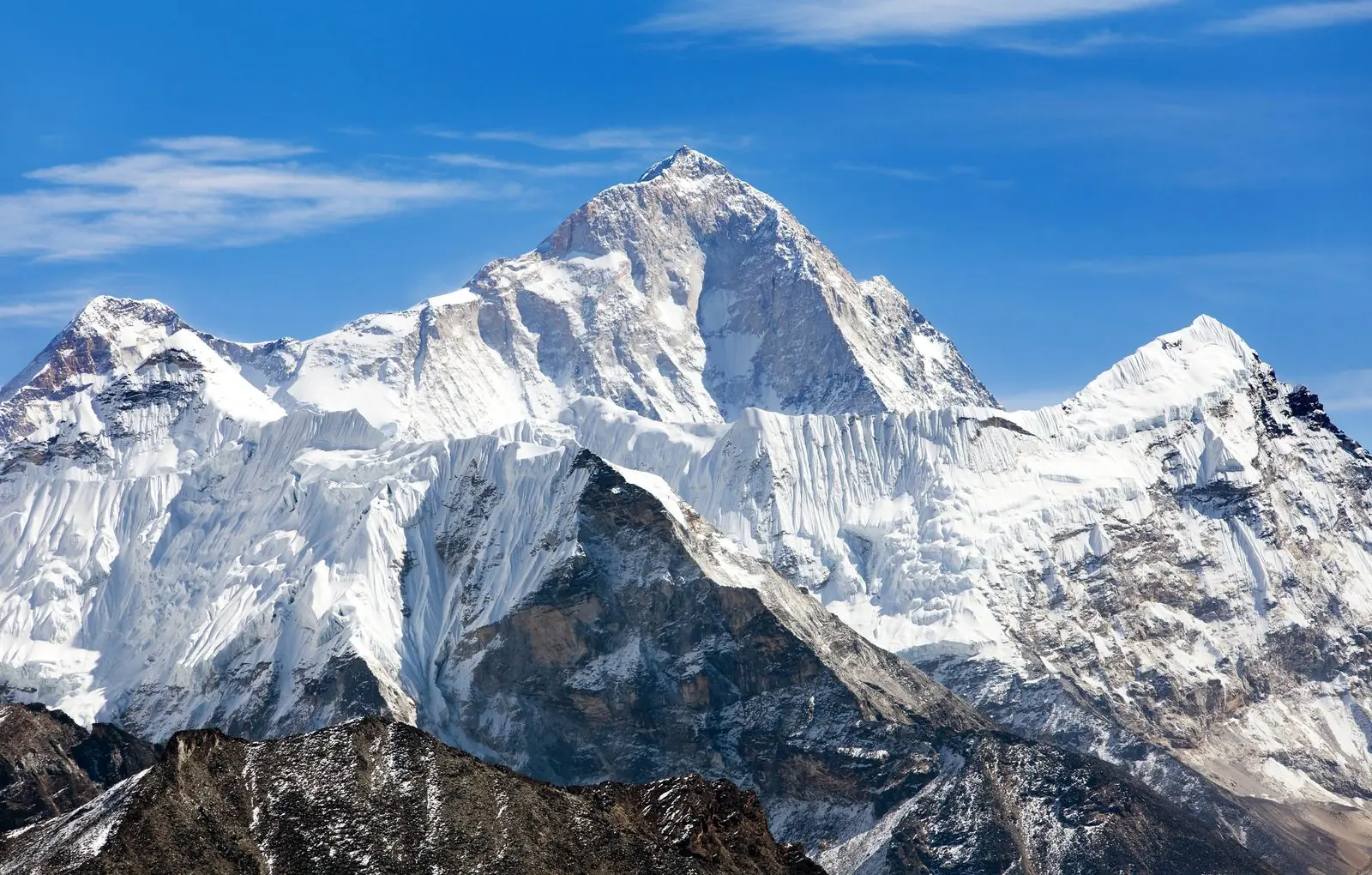Makalu, 8,463 m, the fourth highest mountain in Nepal, a four-ridged pyramid above the snow