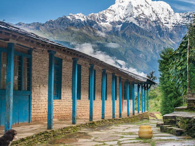 Snow-covered peak seen from a teahouse in the Everest region